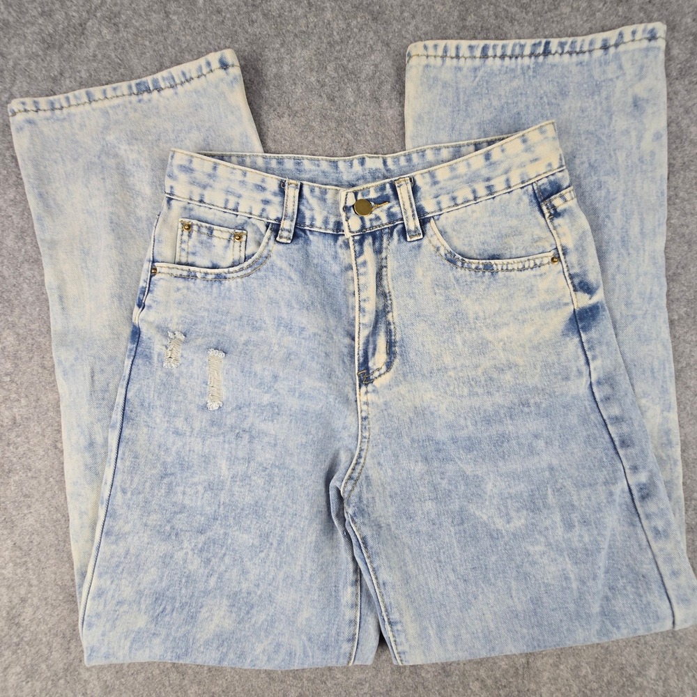 Acid Wash Wide Leg Jeans Womens Small S Distressed High Waisted Light Blue Denim